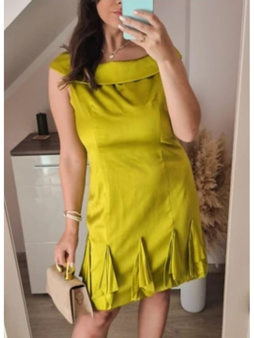 Karen Millen Womens chartreuse Silk Cowl Neck Pleated Hem Shift Dress sz 10
